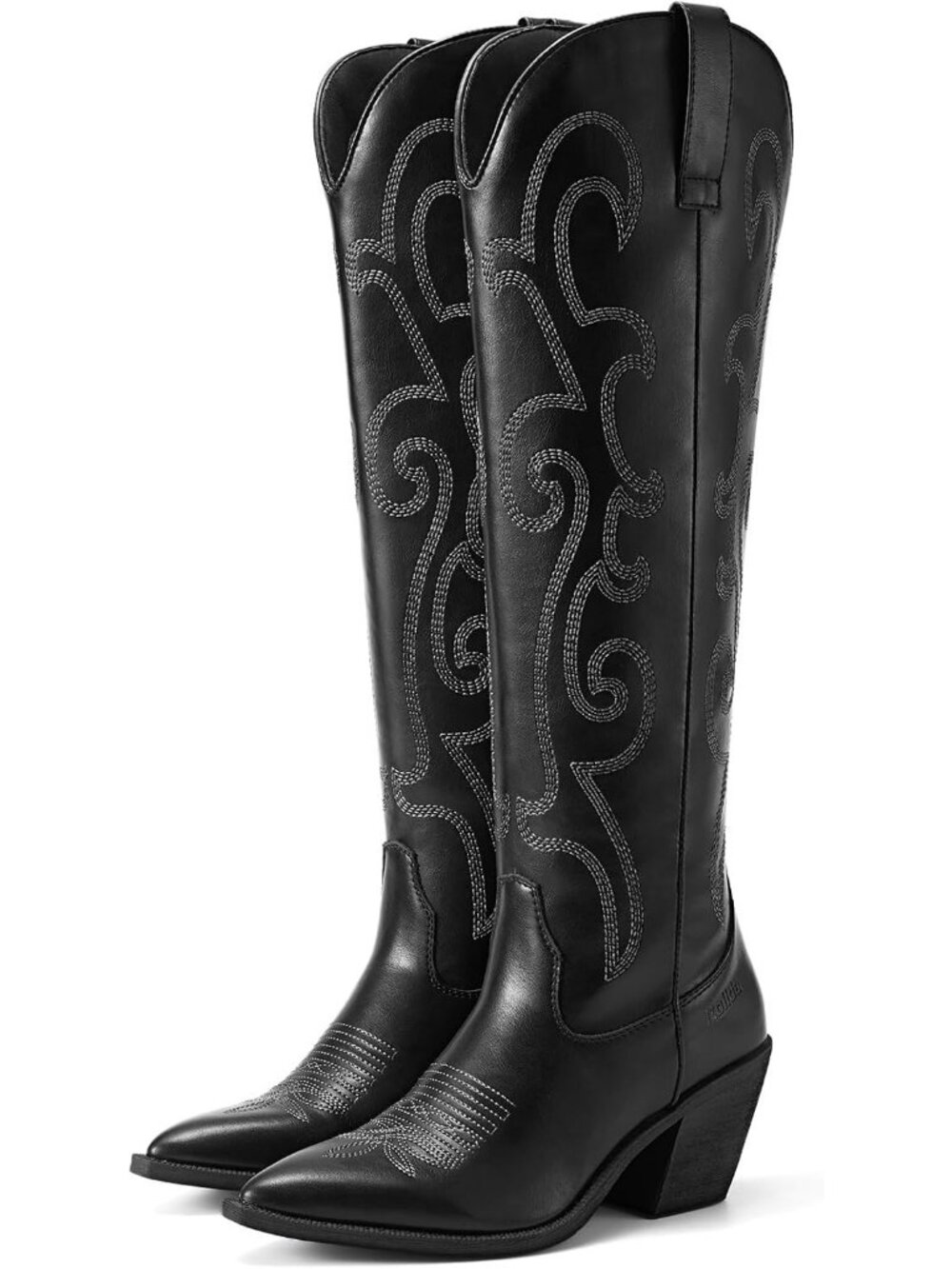 Women's Black Pointy Toe Western Cowboy Cowgirl Embroidered Knee High Boots